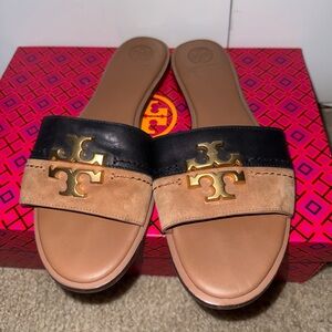 Tory Burch Women's Black and Tan Slide Sandals suede.